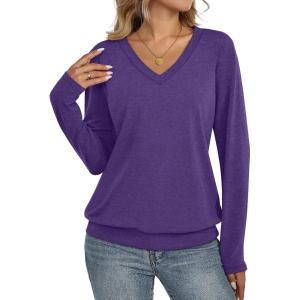 Womens V Neck Long Sleeve Shirts Banded Bottom Cute Loose Fit Tops Dressy Casual Outfits for Fall Spring(Purple)