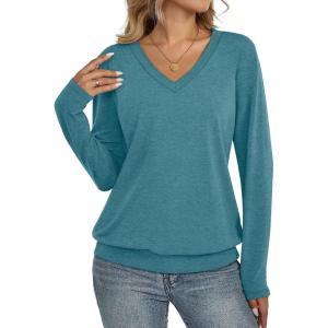 Womens V Neck Long Sleeve Shirts Banded Bottom Cute Loose Fit Tops Dressy Casual Outfits for Fall Spring(Teal)