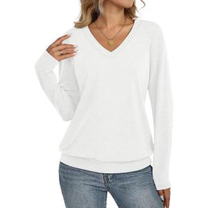 Womens V Neck Long Sleeve Shirts Banded Bottom Cute Loose Fit Tops Dressy Casual Outfits for Fall Spring(White)