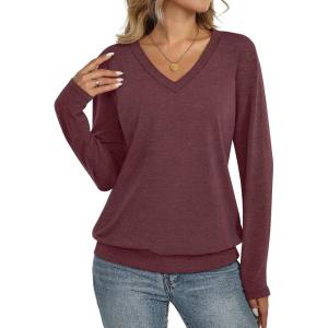 Womens V Neck Long Sleeve Shirts Banded Bottom Cute Loose Fit Tops Dressy Casual Outfits for Fall Spring(Wine Red)