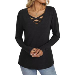 Womens V Neck Long Sleeve Shirts Criss Cross Sexy Tops Casual Loose Fit Tee Going Out Fall Fashion Clothes 2025(Black)
