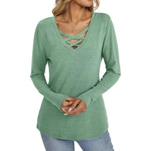 Womens V Neck Long Sleeve Shirts Criss Cross Sexy Tops Casual Loose Fit Tee Going Out Fall Fashion Clothes 2025(Green)