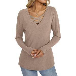 Womens V Neck Long Sleeve Shirts Criss Cross Sexy Tops Casual Loose Fit Tee Going Out Fall Fashion Clothes 2025(Khaki)