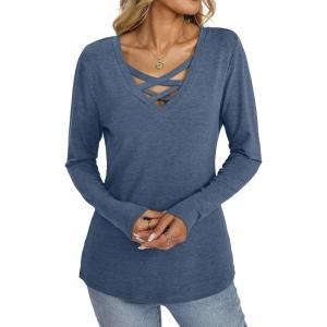 Womens V Neck Long Sleeve Shirts Criss Cross Sexy Tops Casual Loose Fit Tee Going Out Fall Fashion Clothes 2025(Navy Blue)
