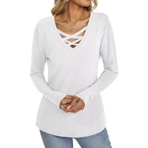 Womens V Neck Long Sleeve Shirts Criss Cross Sexy Tops Casual Loose Fit Tee Going Out Fall Fashion Clothes 2025(White)