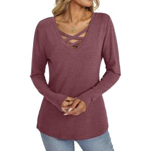 Womens V Neck Long Sleeve Shirts Criss Cross Sexy Tops Casual Loose Fit Tee Going Out Fall Fashion Clothes 2025(Wine Red)