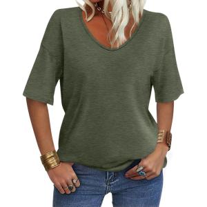 Women’s V Neck Tops Elbow Length Shirts Loose Fit Summer Tops Basic Tees(A Army Green (Elbow Sleeve))
