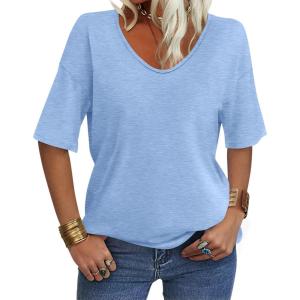 Women’s V Neck Tops Elbow Length Shirts Loose Fit Summer Tops Basic Tees(A Baby Blue (Elbow Sleeve))
