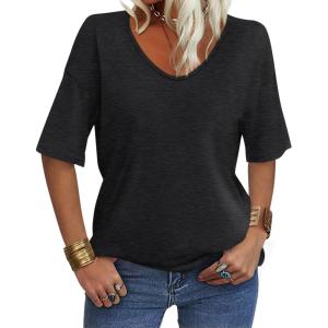 Women’s V Neck Tops Elbow Length Shirts Loose Fit Summer Tops Basic Tees(A Black (Elbow Sleeve))