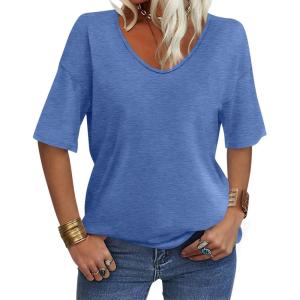 Women’s V Neck Tops Elbow Length Shirts Loose Fit Summer Tops Basic Tees(A Blue (Elbow Sleeve))