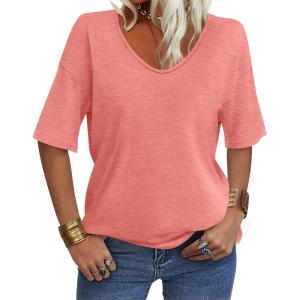 Women’s V Neck Tops Elbow Length Shirts Loose Fit Summer Tops Basic Tees(A Coral (Elbow Sleeve))