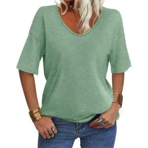 Women’s V Neck Tops Elbow Length Shirts Loose Fit Summer Tops Basic Tees(A Grass Green (Elbow Sleeve))