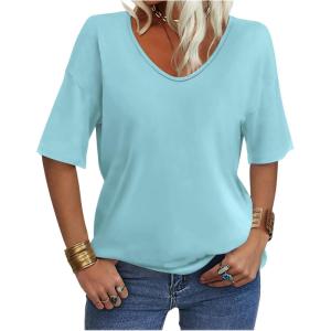 Women’s V Neck Tops Elbow Length Shirts Loose Fit Summer Tops Basic Tees(A Light Blue (Elbow Sleeve))