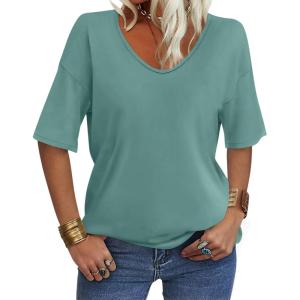 Women’s V Neck Tops Elbow Length Shirts Loose Fit Summer Tops Basic Tees(A Light Green (Elbow Sleeve))