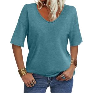 Women’s V Neck Tops Elbow Length Shirts Loose Fit Summer Tops Basic Tees(A Persian Green (Elbow Sleeve))