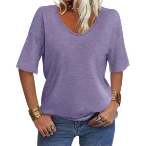 Women’s V Neck Tops Elbow Length Shirts Loose Fit Summer Tops Basic Tees(A Purple (Elbow Sleeve))