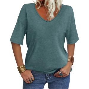 Women’s V Neck Tops Elbow Length Shirts Loose Fit Summer Tops Basic Tees(A Teal Green (Elbow Sleeve))