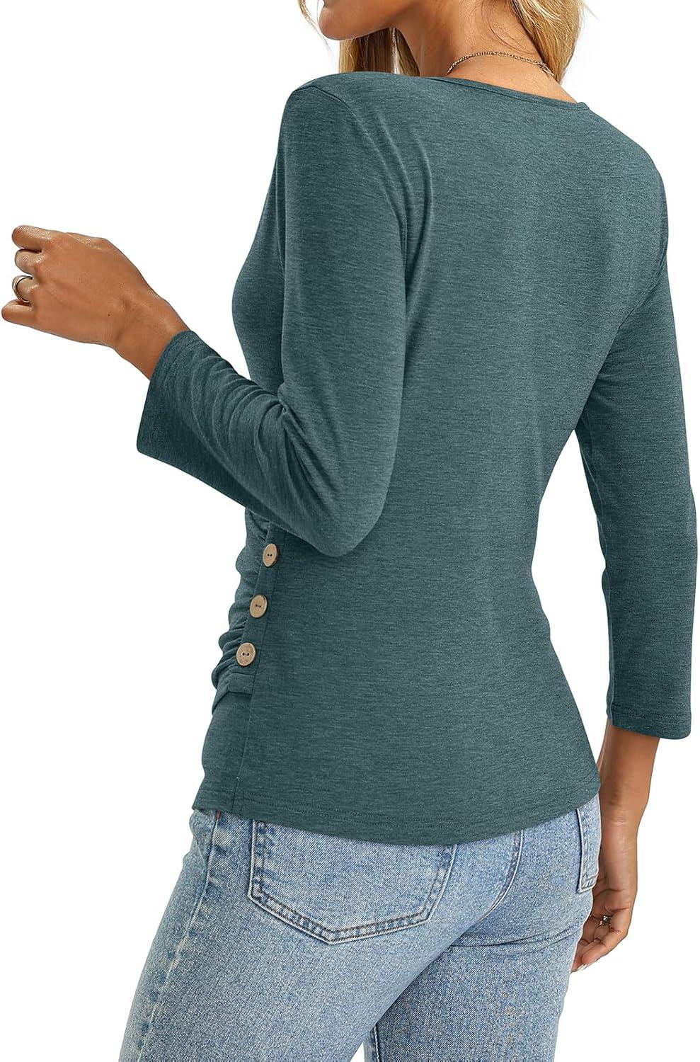 imageDeep V Neck 34 Length Sleeve Tops for Women Ruched Sexy Slim Fit Button Side BlouseDark Teal