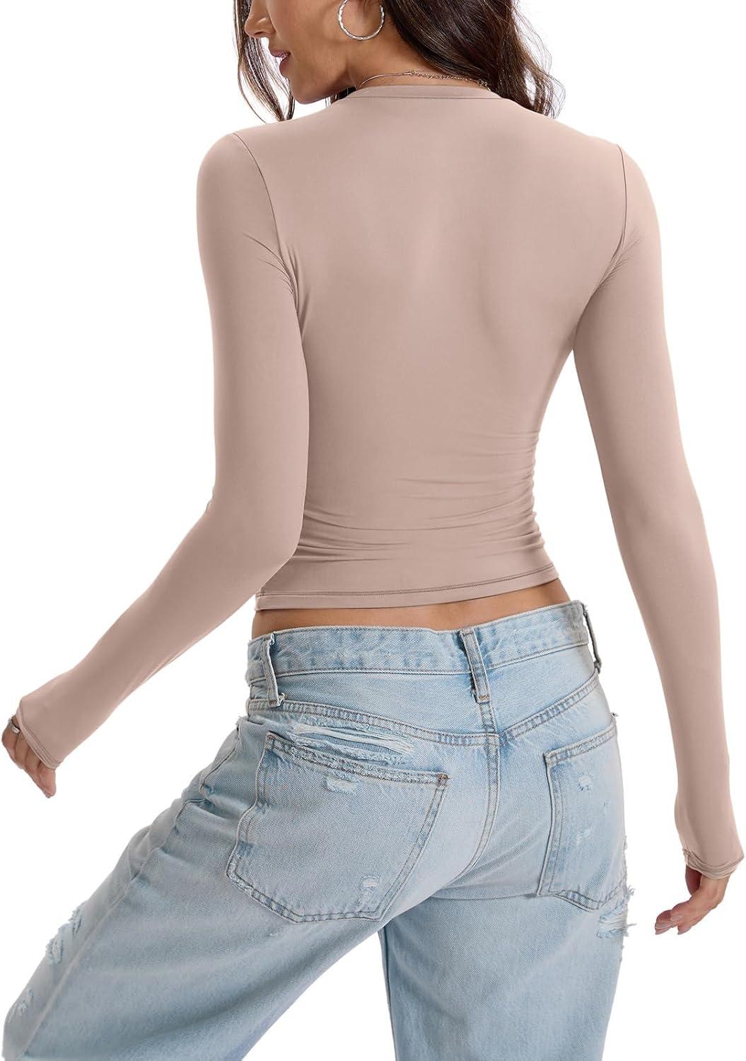 imageWomens Double Lined Long Sleeve Tops Crew Neck Fitted Basic T Shirts Crop Going Out Tops 2026Apricot