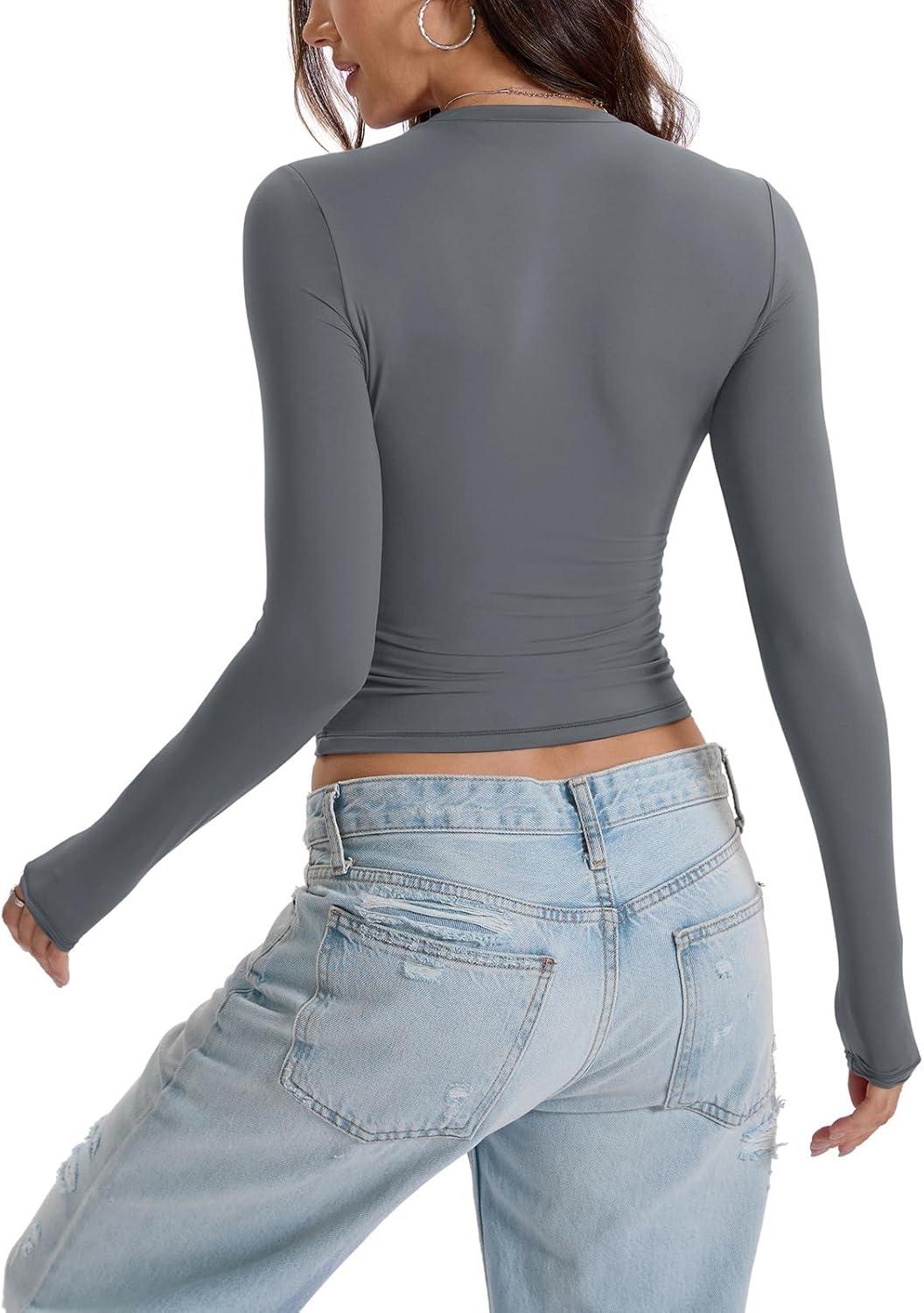 imageWomens Double Lined Long Sleeve Tops Crew Neck Fitted Basic T Shirts Crop Going Out Tops 2026Grey