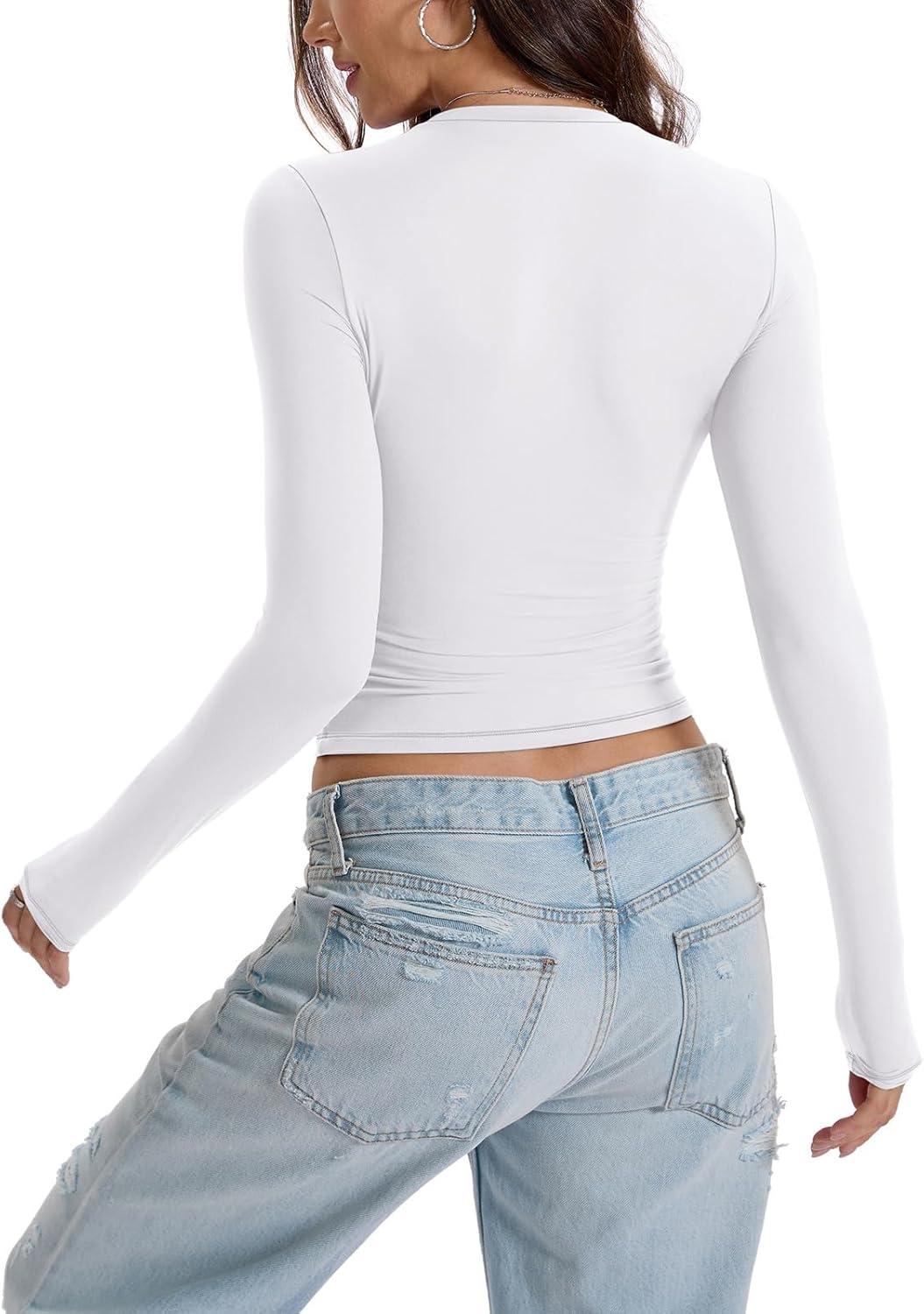 imageWomens Double Lined Long Sleeve Tops Crew Neck Fitted Basic T Shirts Crop Going Out Tops 2026Pure White