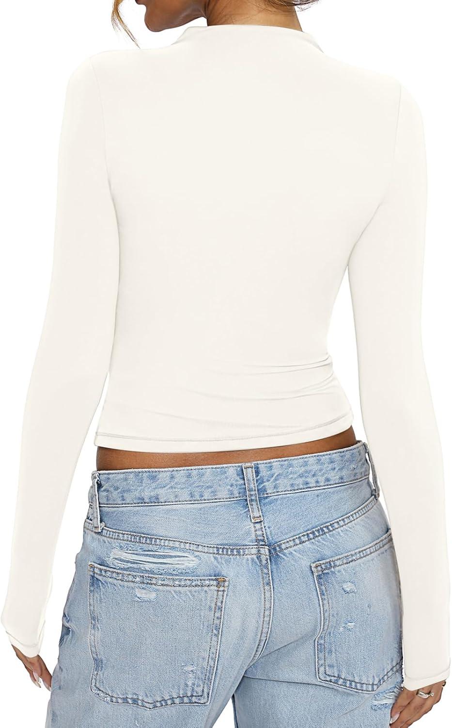 imageWomens Mock Neck Long Sleeve Shirts Ruched Double Lined Top Fit Tight Turtleneck Tee Spring Fall Clothes 2025Cream White