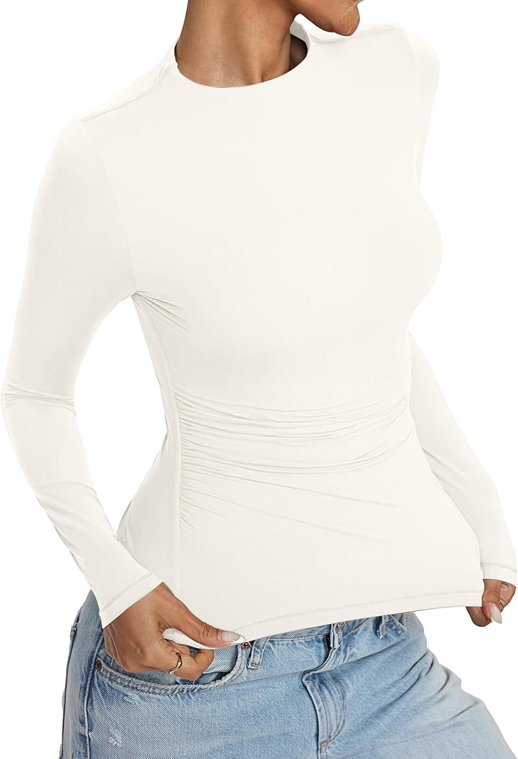 imageWomens Mock Neck Long Sleeve Shirts Ruched Double Lined Top Fit Tight Turtleneck Tee Spring Fall Clothes 2025Cream White