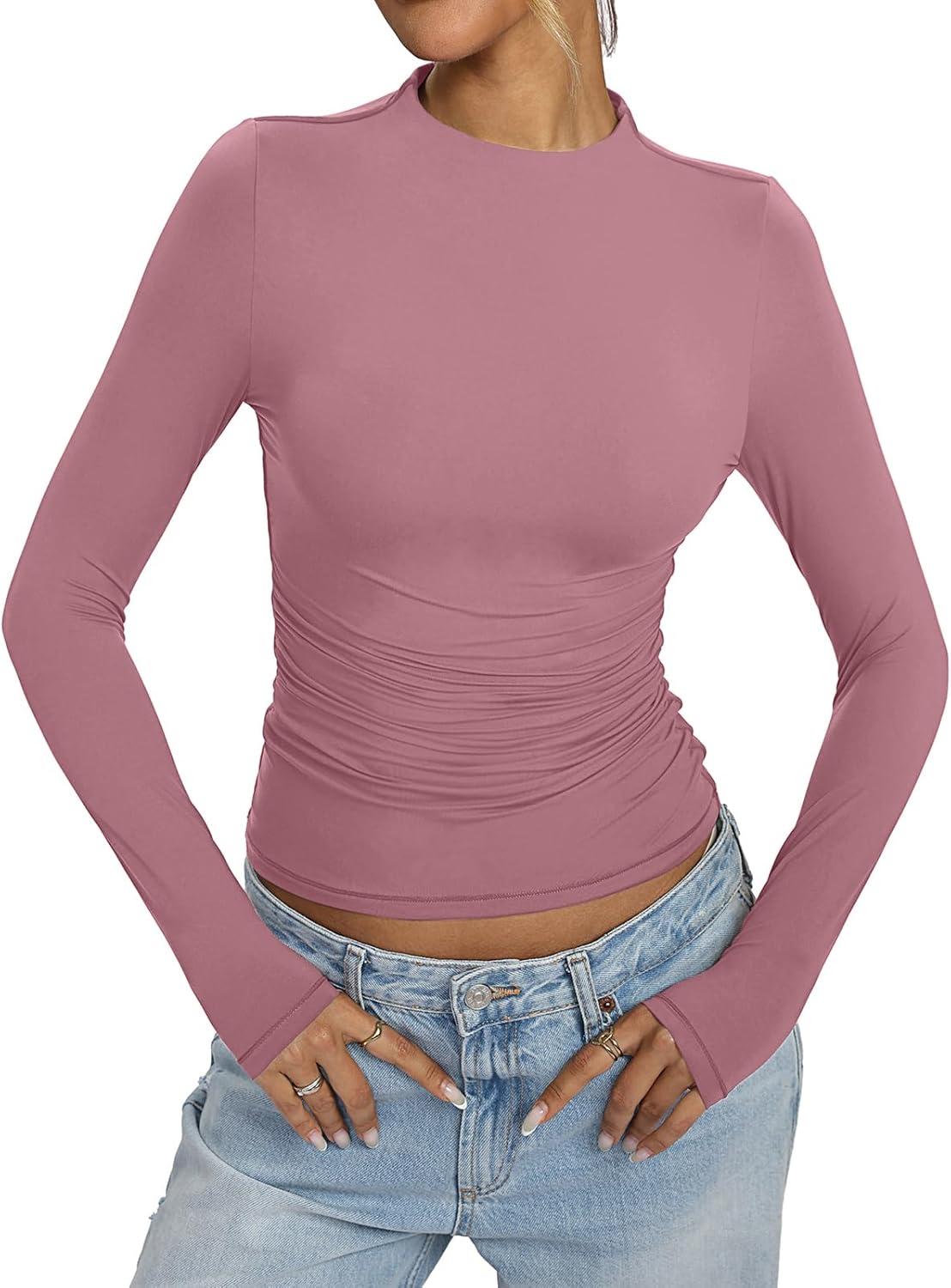 imageWomens Mock Neck Long Sleeve Shirts Ruched Double Lined Top Fit Tight Turtleneck Tee Spring Fall Clothes 2025Merlot