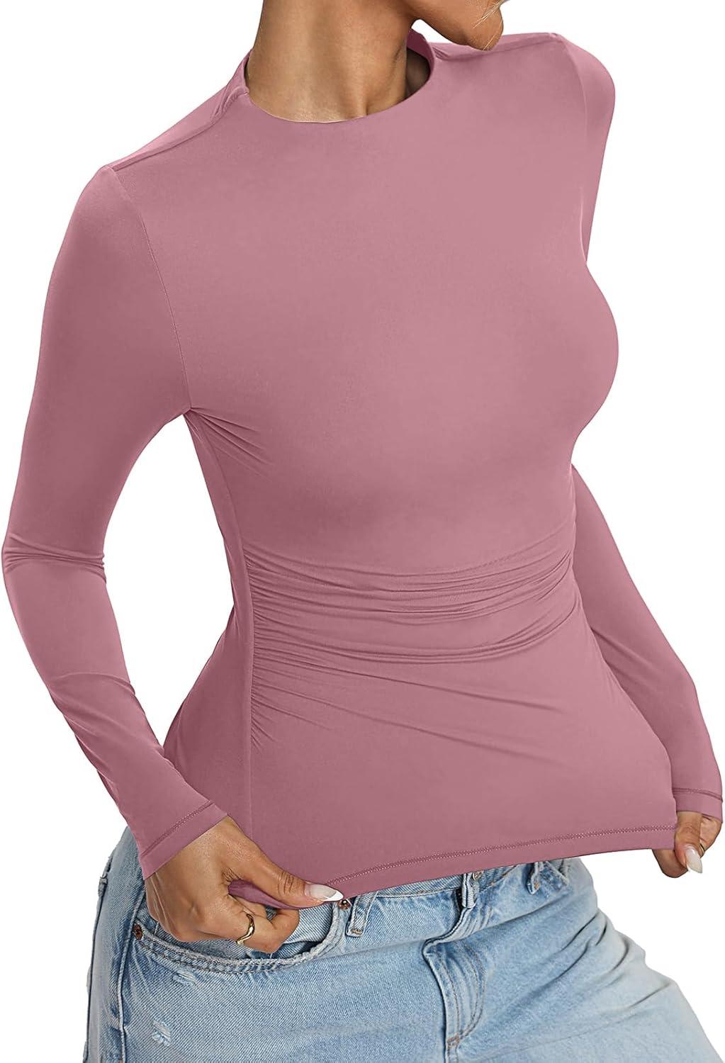 imageWomens Mock Neck Long Sleeve Shirts Ruched Double Lined Top Fit Tight Turtleneck Tee Spring Fall Clothes 2025Merlot