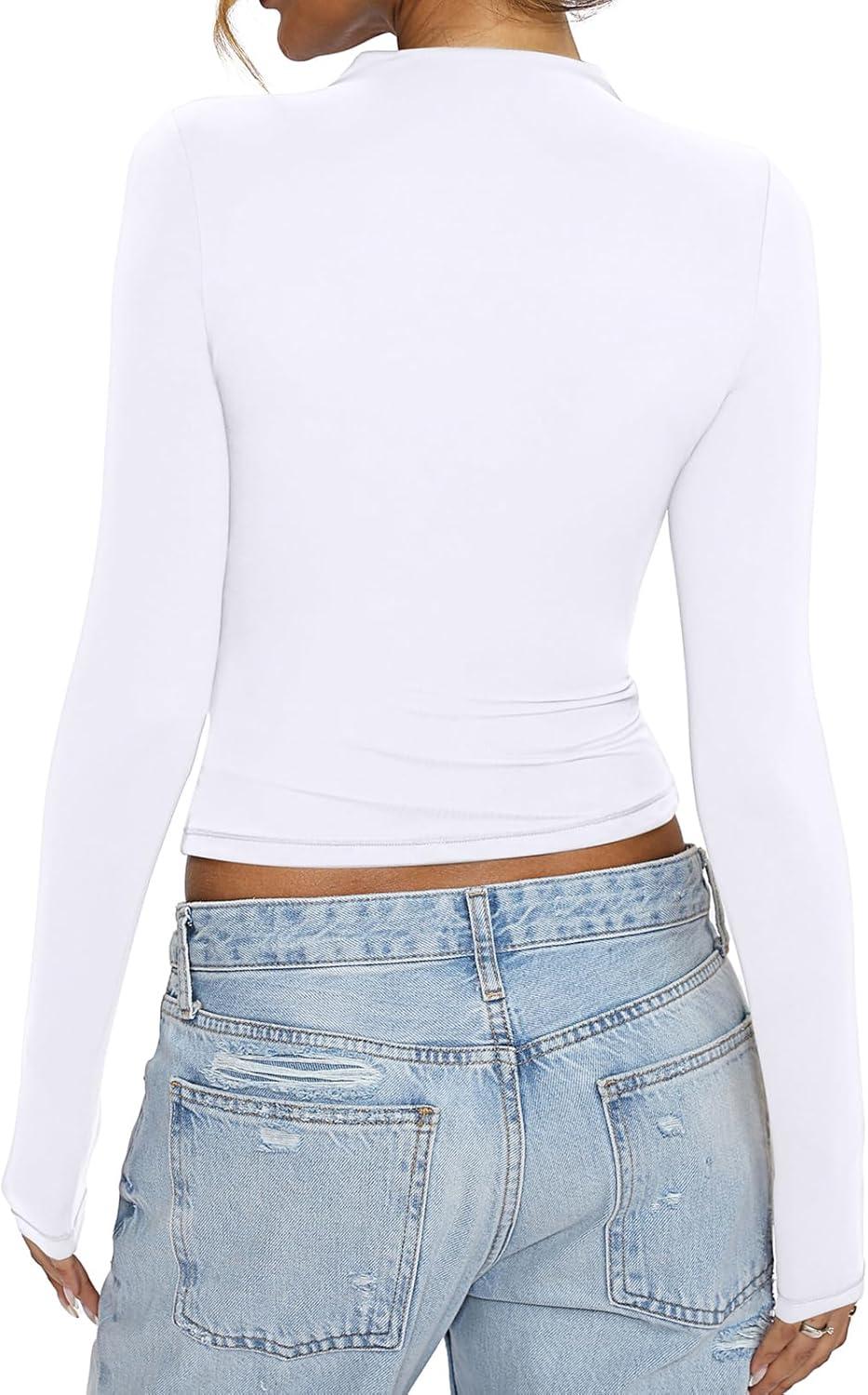 imageWomens Mock Neck Long Sleeve Shirts Ruched Double Lined Top Fit Tight Turtleneck Tee Spring Fall Clothes 2025White