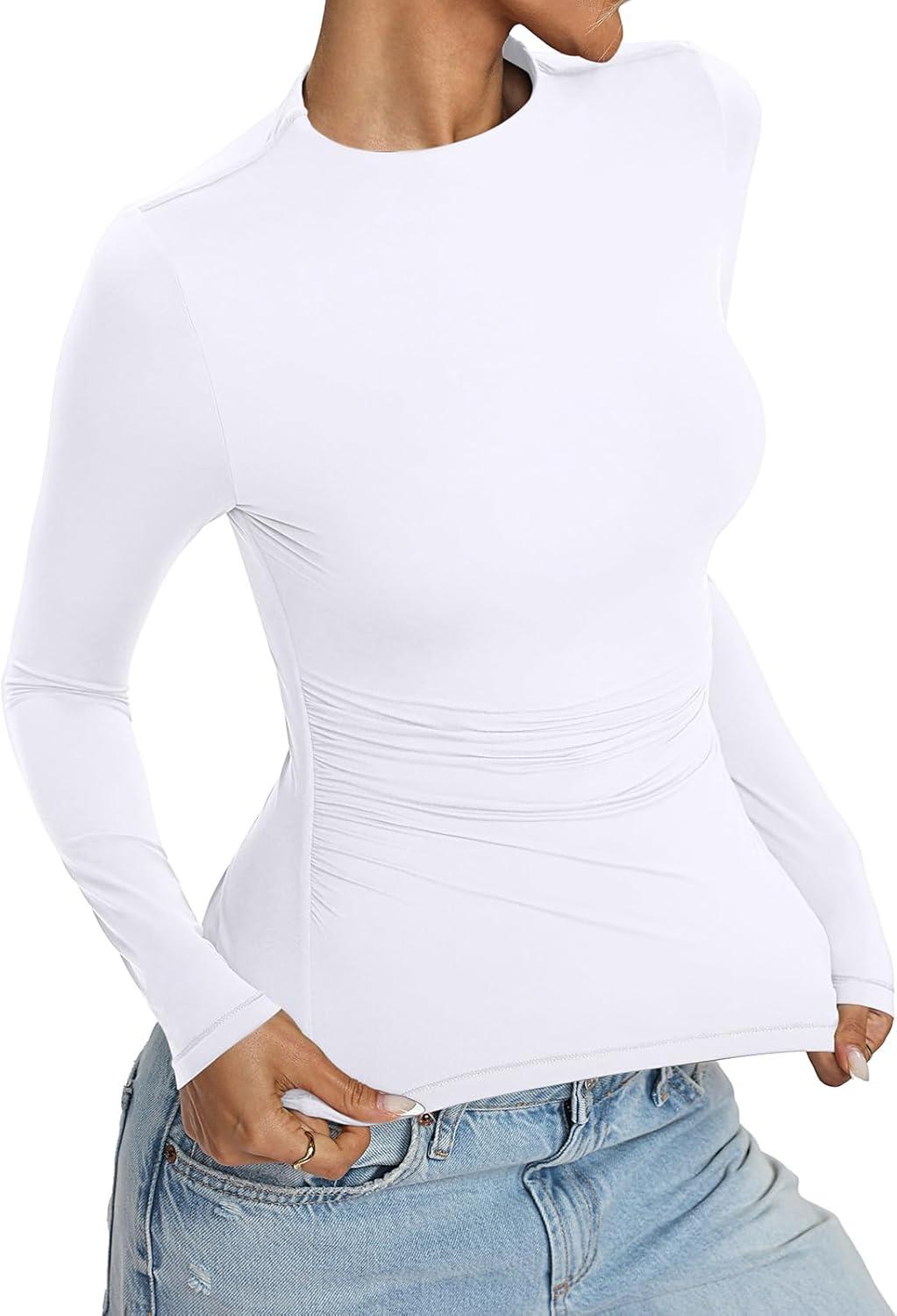 imageWomens Mock Neck Long Sleeve Shirts Ruched Double Lined Top Fit Tight Turtleneck Tee Spring Fall Clothes 2025White