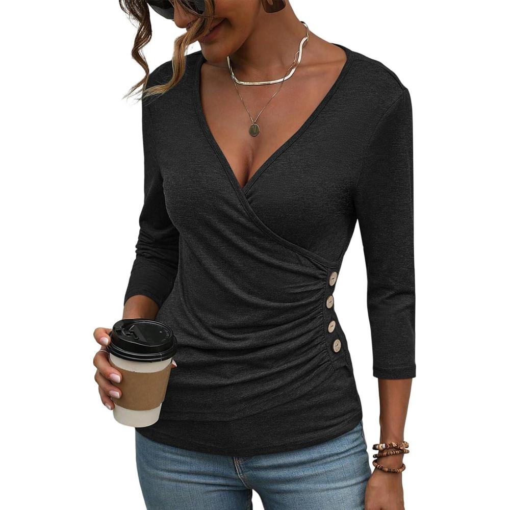 imageDeep V Neck 34 Length Sleeve Tops for Women Ruched Sexy Slim Fit Button Side BlouseBlack