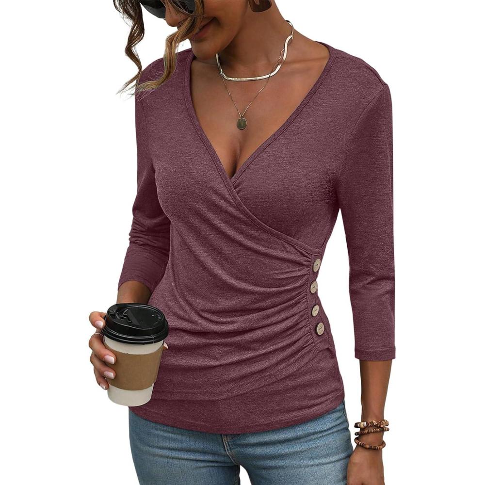 imageDeep V Neck 34 Length Sleeve Tops for Women Ruched Sexy Slim Fit Button Side BlouseBurgundy