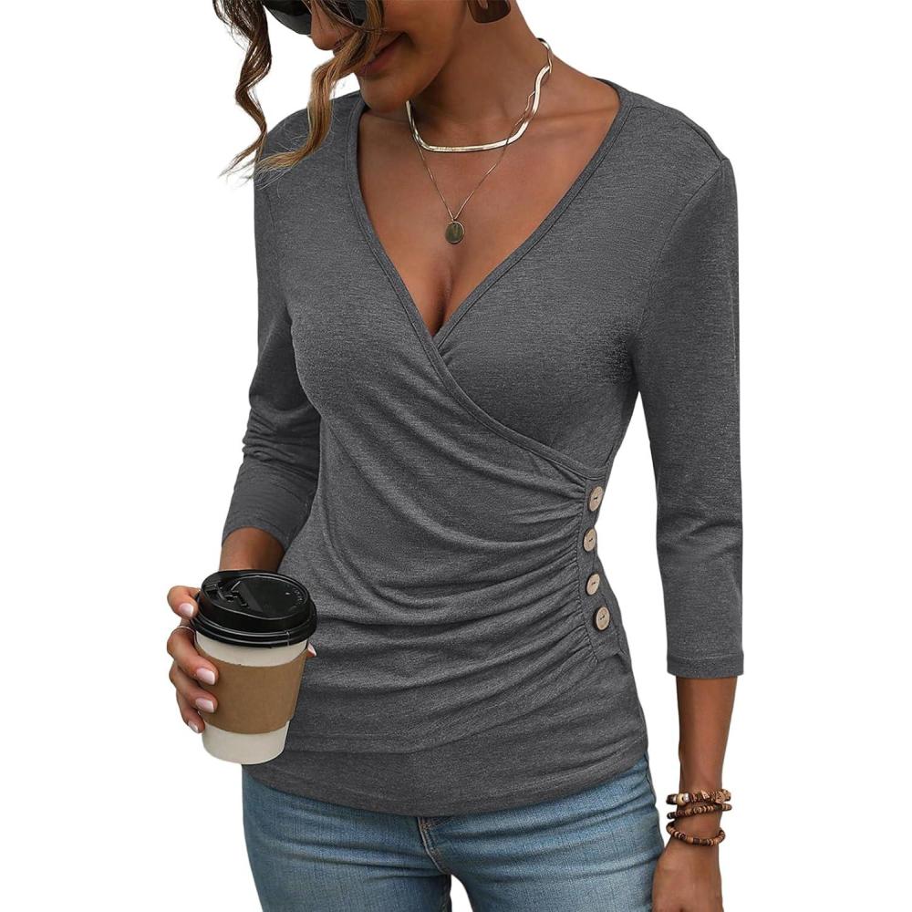 imageDeep V Neck 34 Length Sleeve Tops for Women Ruched Sexy Slim Fit Button Side BlouseDark Grey
