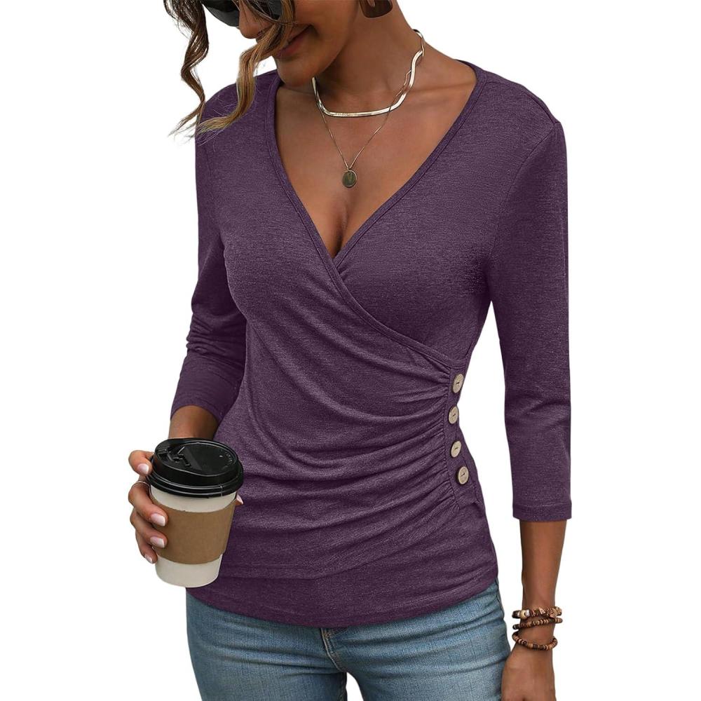imageDeep V Neck 34 Length Sleeve Tops for Women Ruched Sexy Slim Fit Button Side BlouseDark Purple