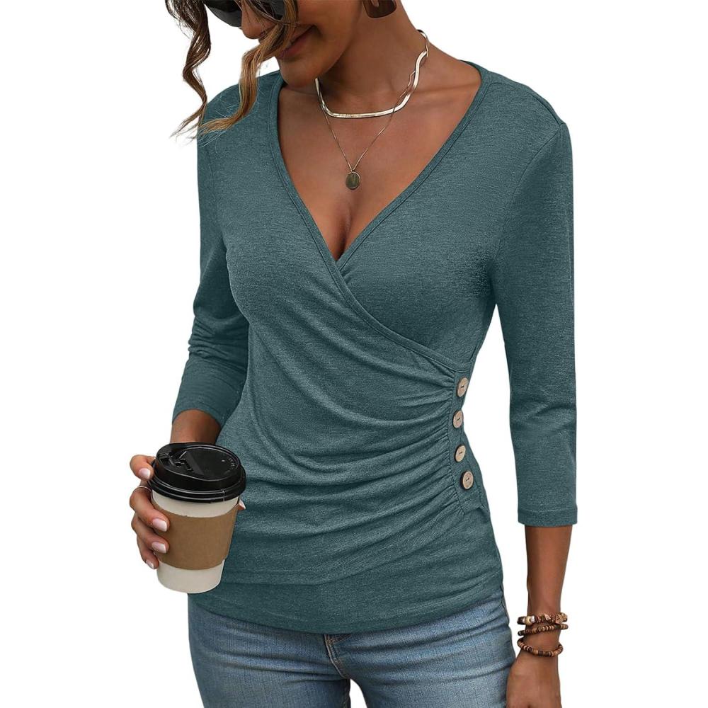 imageDeep V Neck 34 Length Sleeve Tops for Women Ruched Sexy Slim Fit Button Side BlouseDark Teal
