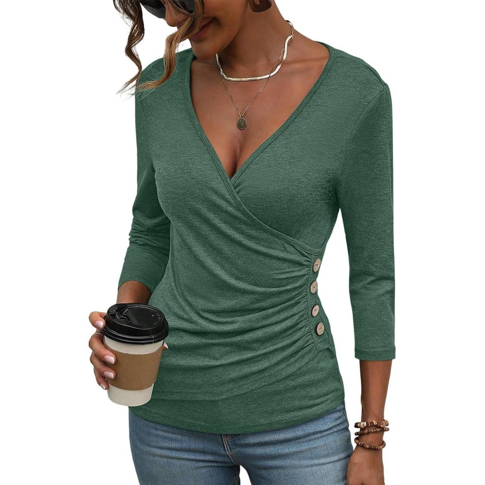 imageDeep V Neck 34 Length Sleeve Tops for Women Ruched Sexy Slim Fit Button Side BlouseGreen