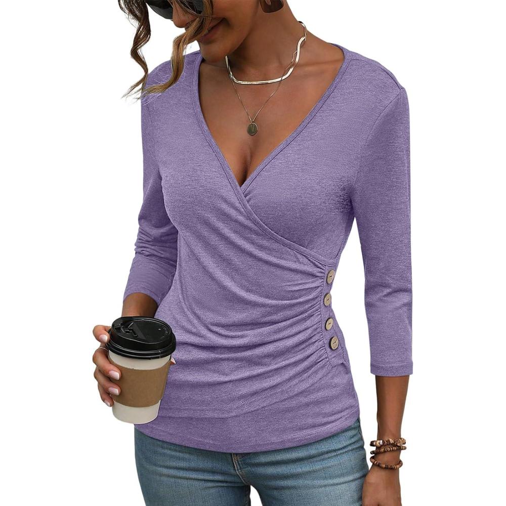 imageDeep V Neck 34 Length Sleeve Tops for Women Ruched Sexy Slim Fit Button Side BlousePurple