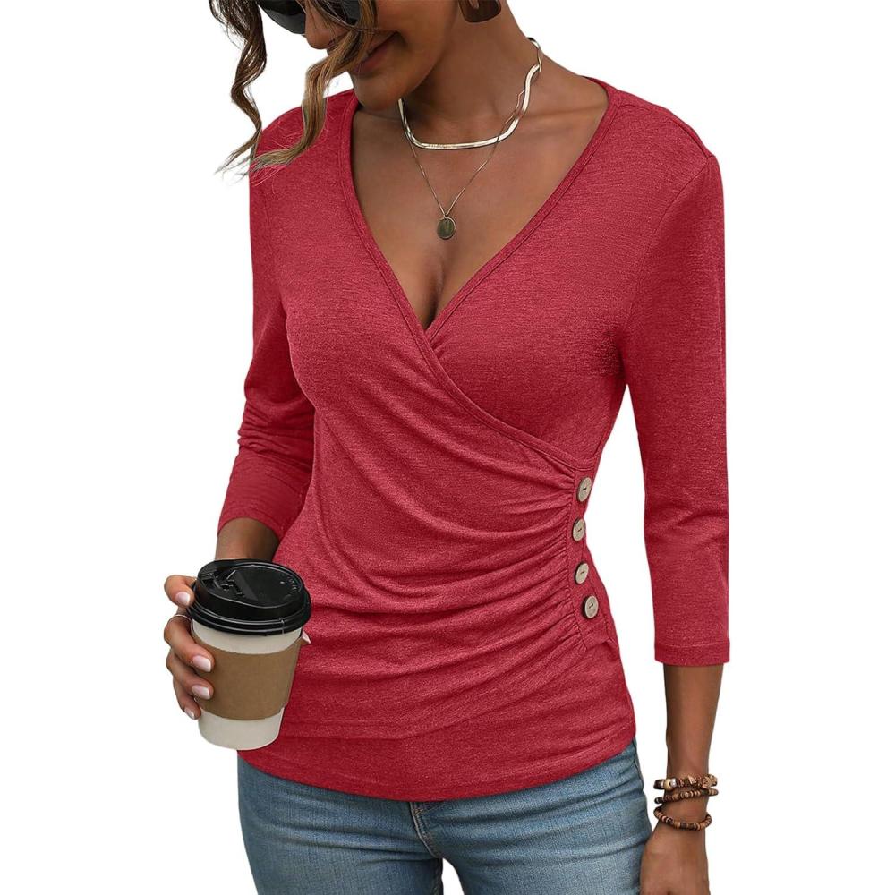 imageDeep V Neck 34 Length Sleeve Tops for Women Ruched Sexy Slim Fit Button Side BlouseRed
