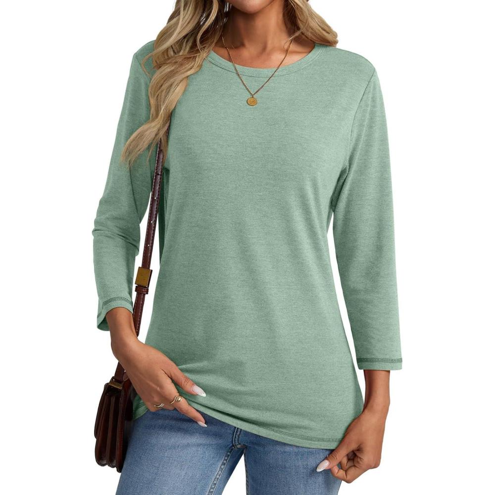 imageWomens 34 Length Sleeve Crew Neck Shirts Casual Tunic TShirts Basic Tee Trendy Fall Outfits ClothesLight Green
