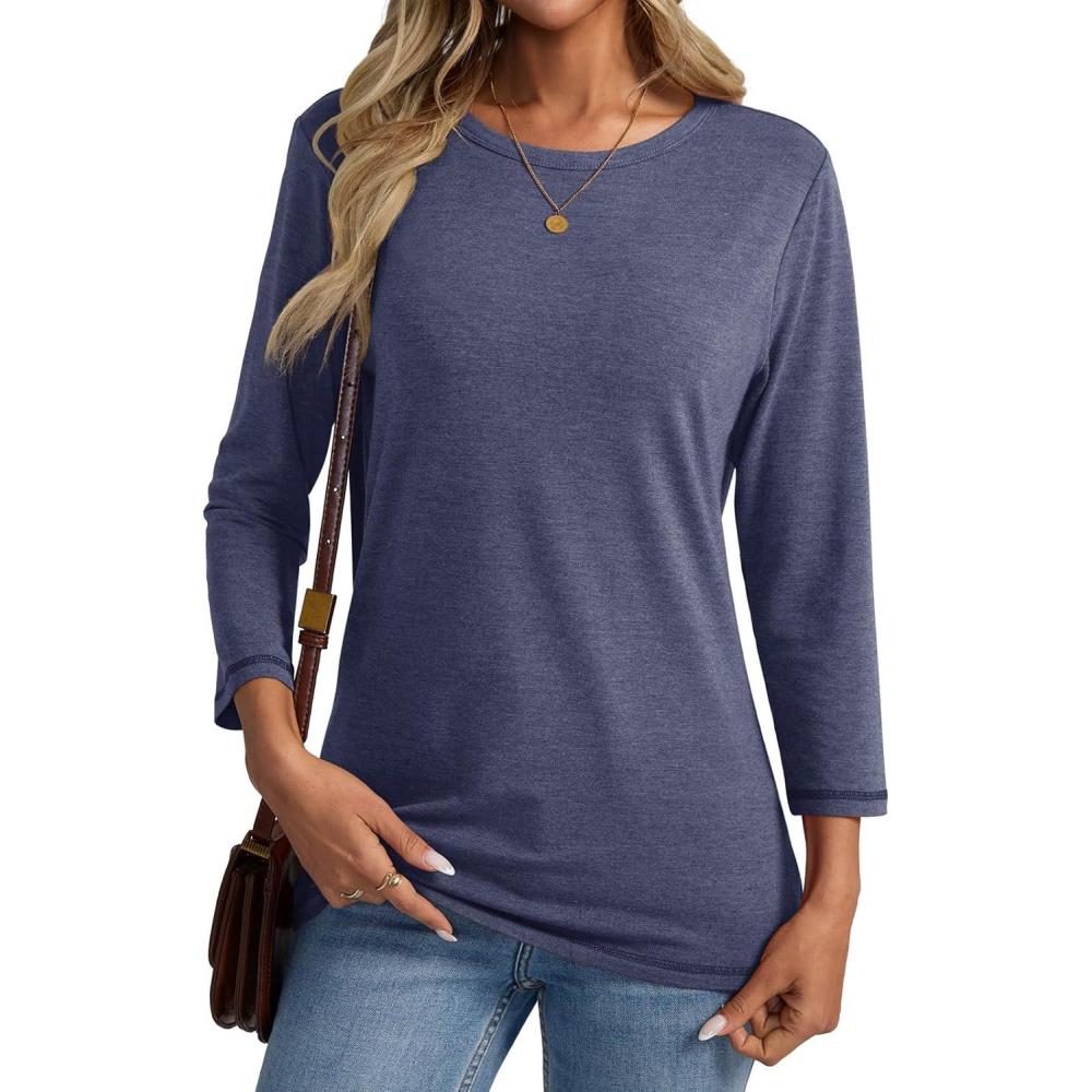 imageWomens 34 Length Sleeve Crew Neck Shirts Casual Tunic TShirts Basic Tee Trendy Fall Outfits ClothesNavy Blue
