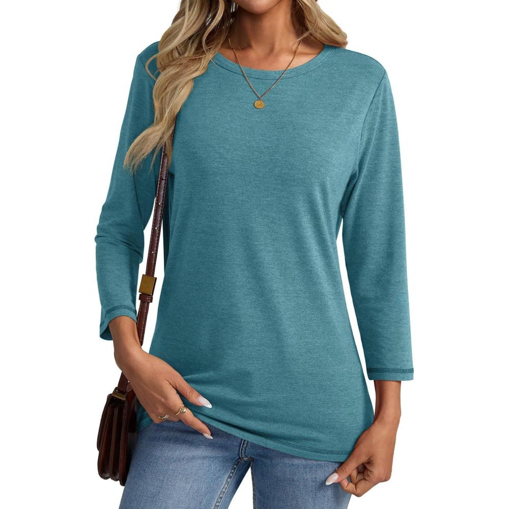 imageWomens 34 Length Sleeve Crew Neck Shirts Casual Tunic TShirts Basic Tee Trendy Fall Outfits ClothesTeal