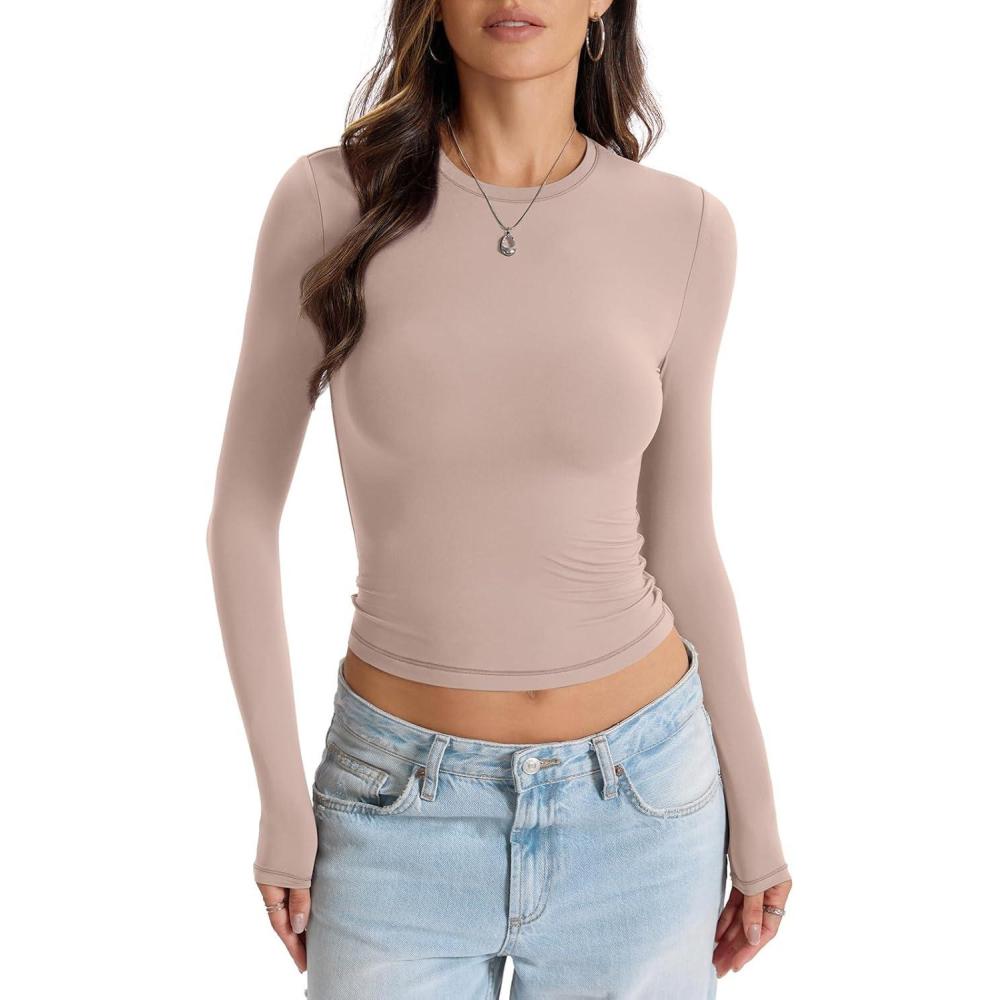 imageWomens Double Lined Long Sleeve Tops Crew Neck Fitted Basic T Shirts Crop Going Out Tops 2026Apricot