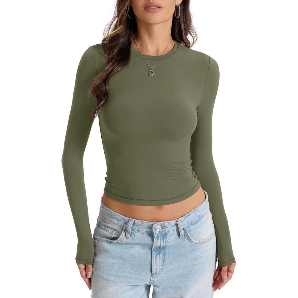 imageWomens Double Lined Long Sleeve Tops Crew Neck Fitted Basic T Shirts Crop Going Out Tops 2026Army Green