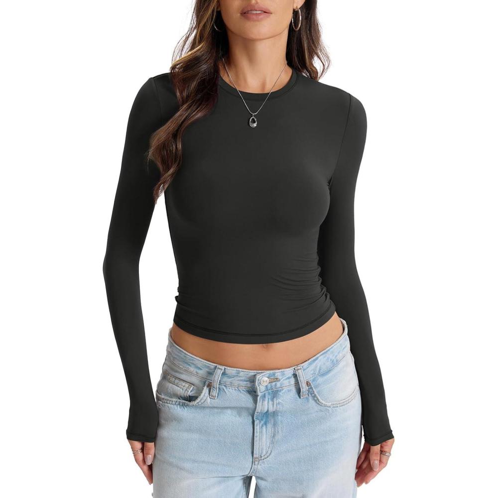imageWomens Double Lined Long Sleeve Tops Crew Neck Fitted Basic T Shirts Crop Going Out Tops 2026Black