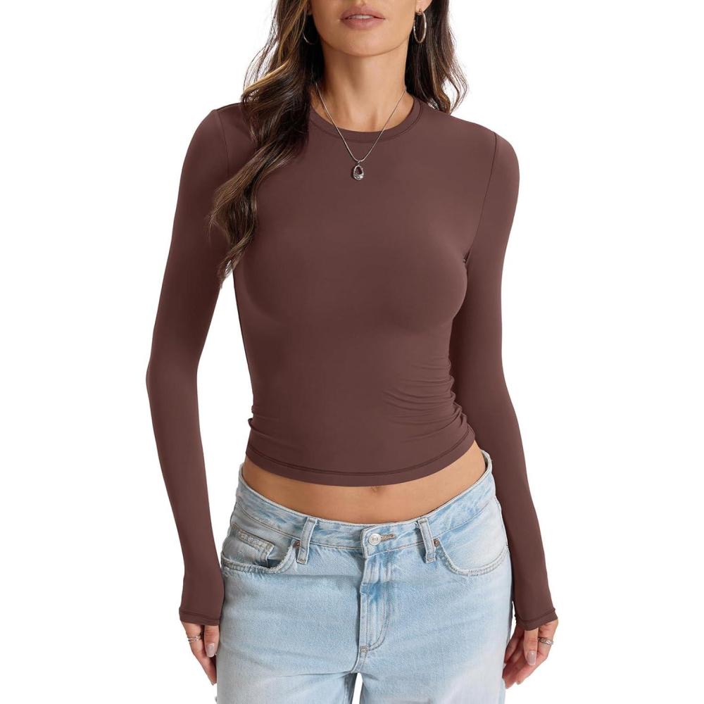 imageWomens Double Lined Long Sleeve Tops Crew Neck Fitted Basic T Shirts Crop Going Out Tops 2026Brown