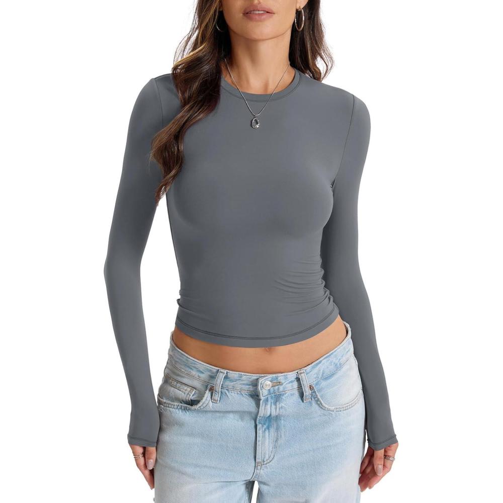 imageWomens Double Lined Long Sleeve Tops Crew Neck Fitted Basic T Shirts Crop Going Out Tops 2026Grey