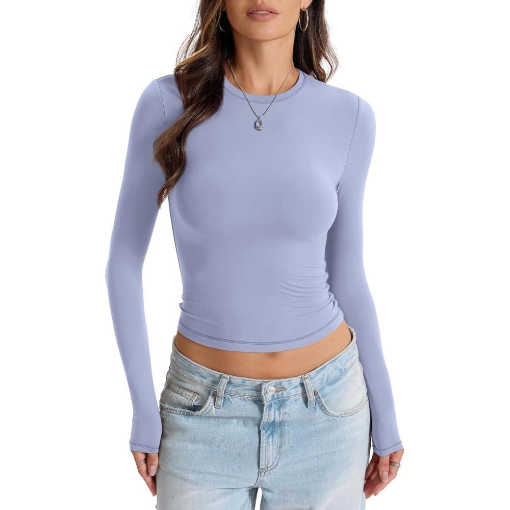 imageWomens Double Lined Long Sleeve Tops Crew Neck Fitted Basic T Shirts Crop Going Out Tops 2026Light Blue