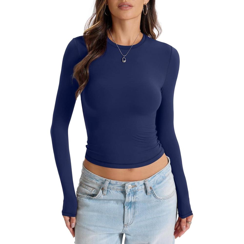 imageWomens Double Lined Long Sleeve Tops Crew Neck Fitted Basic T Shirts Crop Going Out Tops 2026Navy Blue