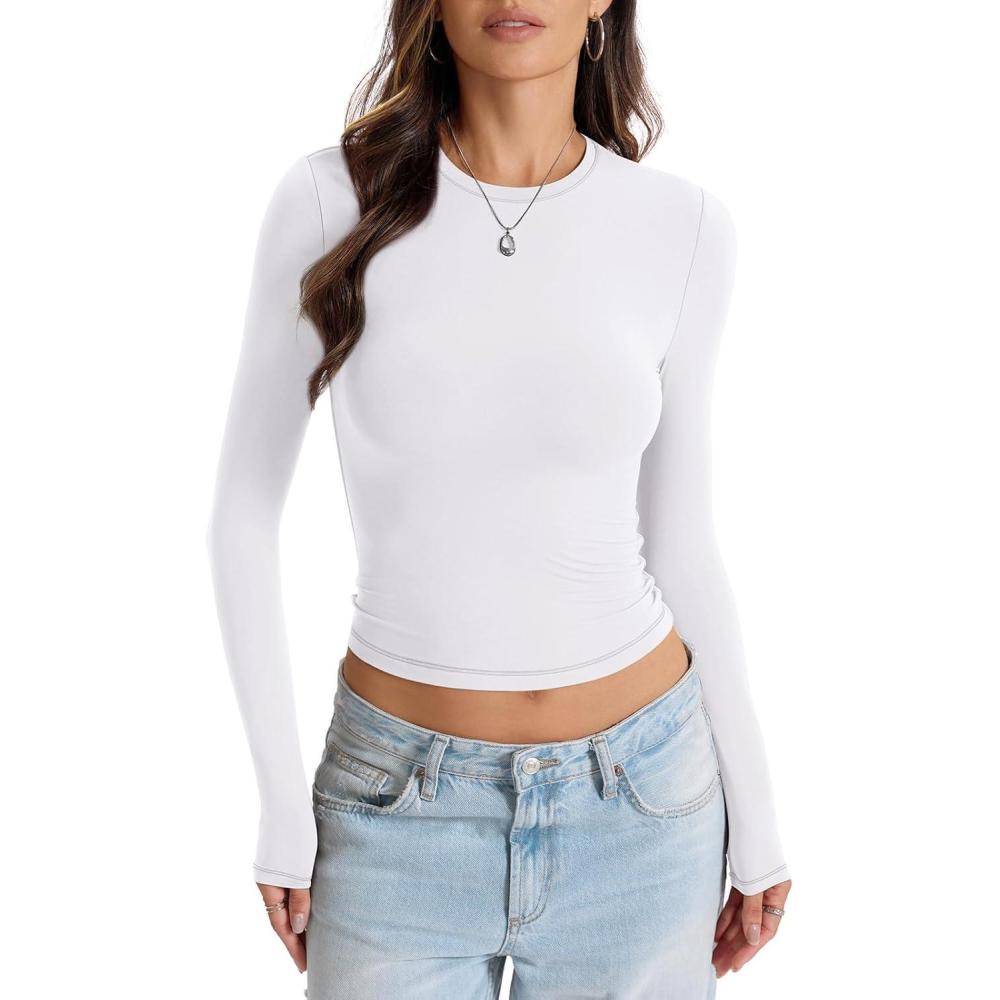 imageWomens Double Lined Long Sleeve Tops Crew Neck Fitted Basic T Shirts Crop Going Out Tops 2026Pure White